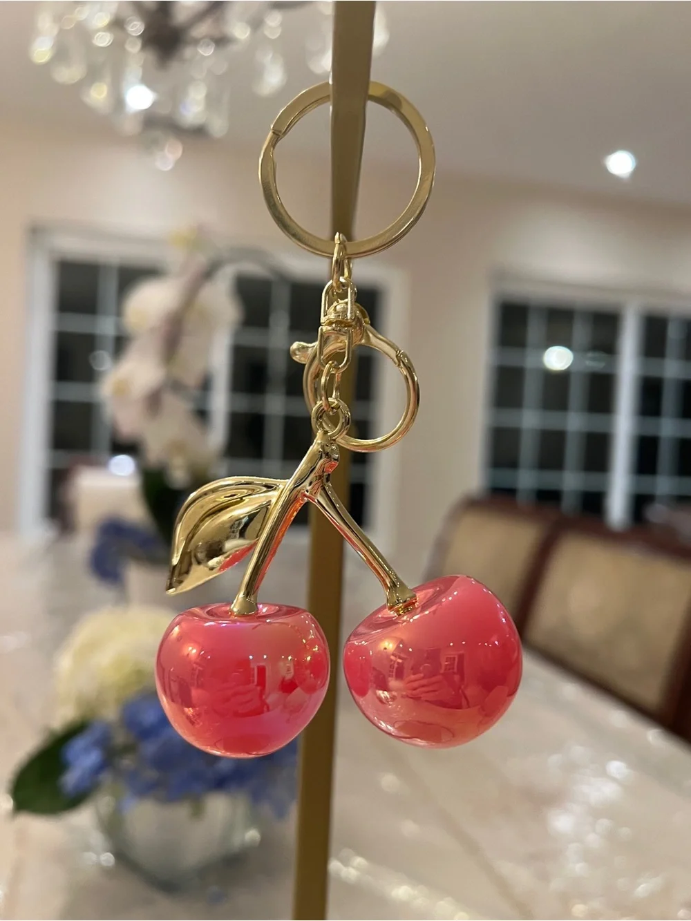 Iridescent Cherry Bag Charm Keychain | Pink Ombre Purse Charm Gold Tone